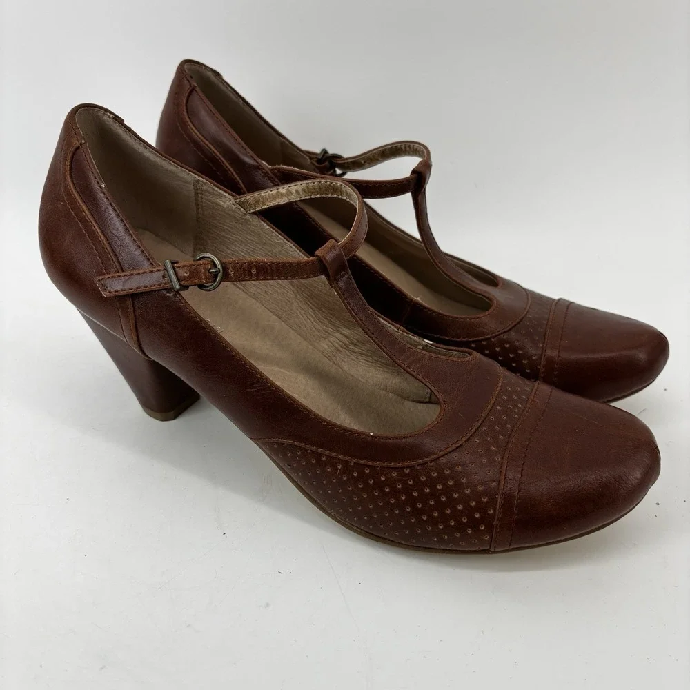 Chelsea & Crew Mandy Mary Jane Heels Brown Leather Size EU 41 US 10 Block Heel
